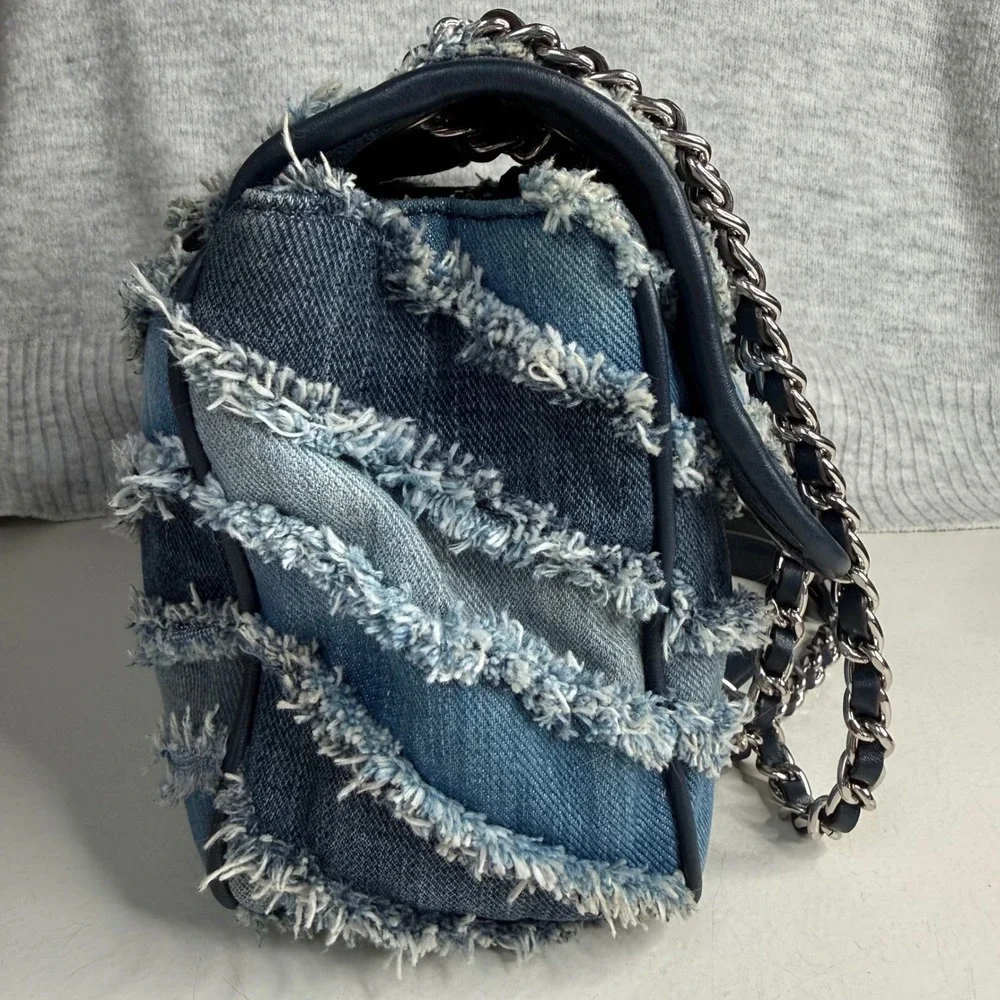 Michael Kors Sloan Large Denim Patchwork Frayed Chevron Shoulder Bag Blue Silver - Picture 5 of 15